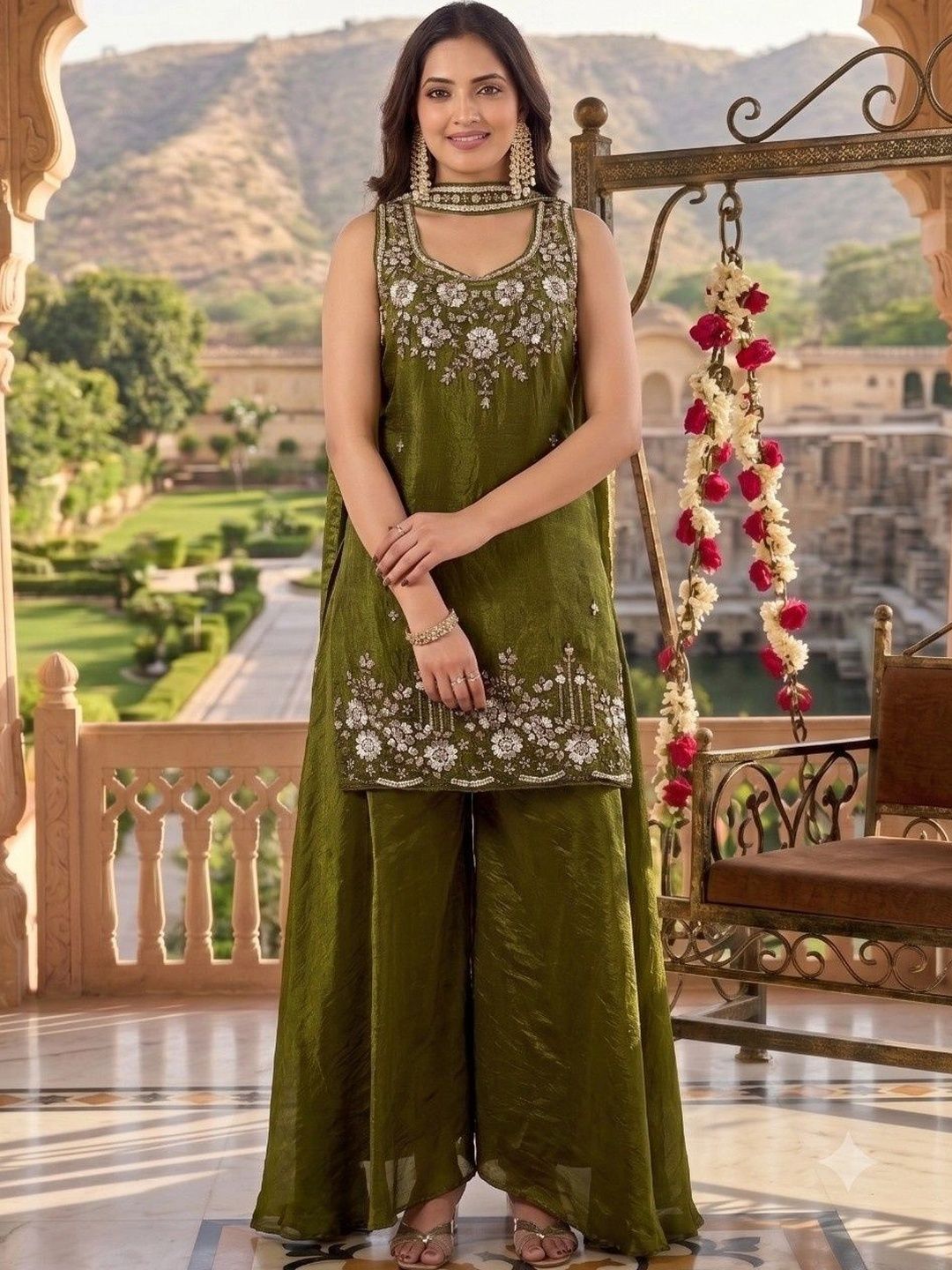 Bouncer Berry Ethnic Motifs Embroidered Sequinned Pure Silk Kurta Palazzos & With Dupatta-picture-28