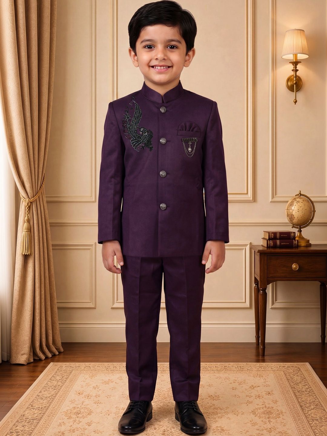 Dripteen Boys Self Design Mandarin Collar Single-Breasted Two-Piece Suit-picture-11