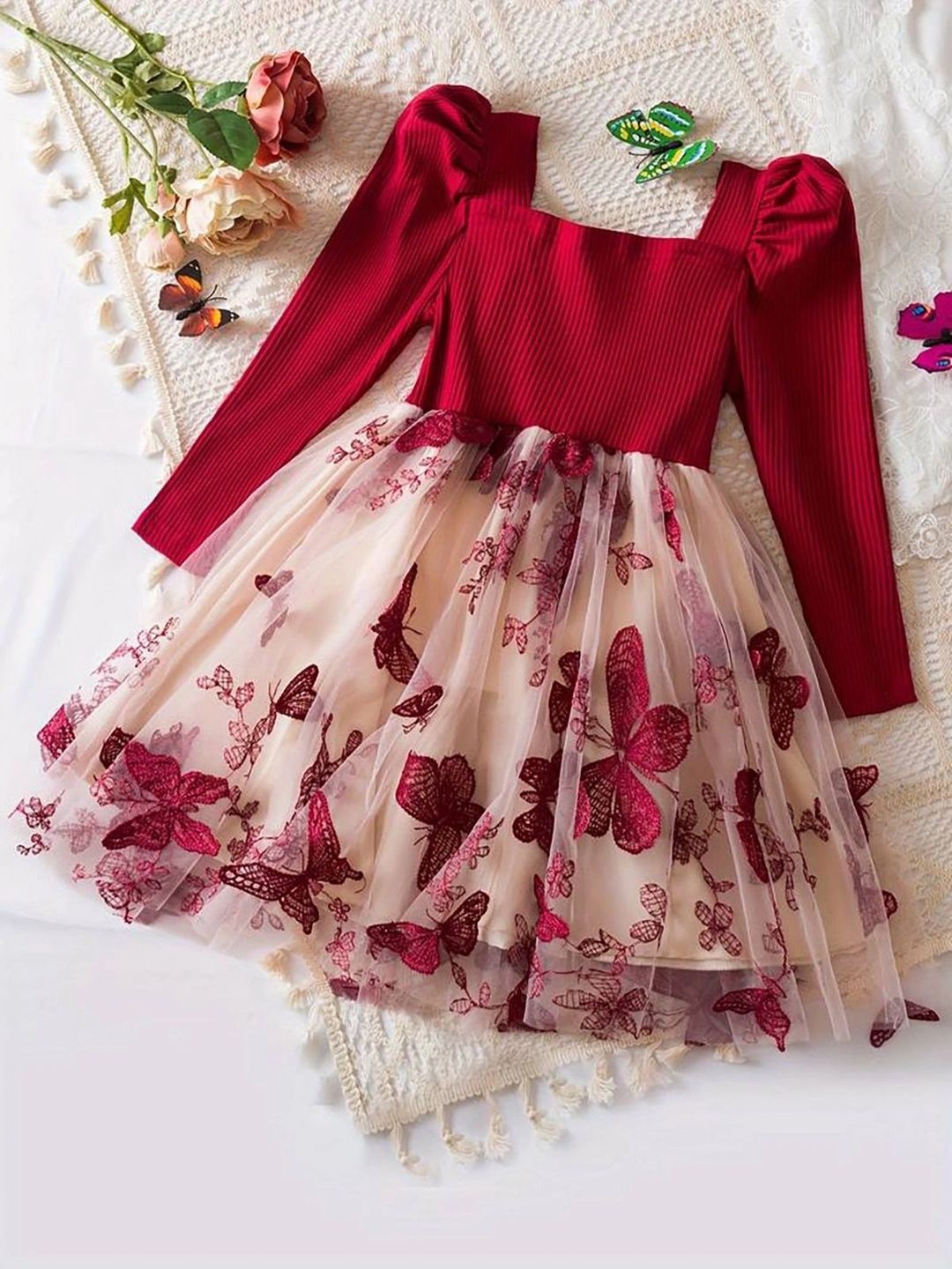 STYLE CONNECT Floral Embroidered Puff Sleeve Ruffled A-Line Dress-image-47