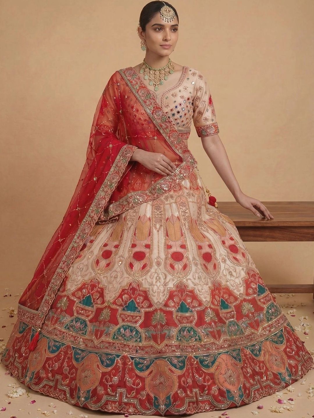 THE THIRD LABEL Embellished Mirror Work Semi-Stitched Lehenga & Ready to Wear Blouse With Dupatta-image-38
