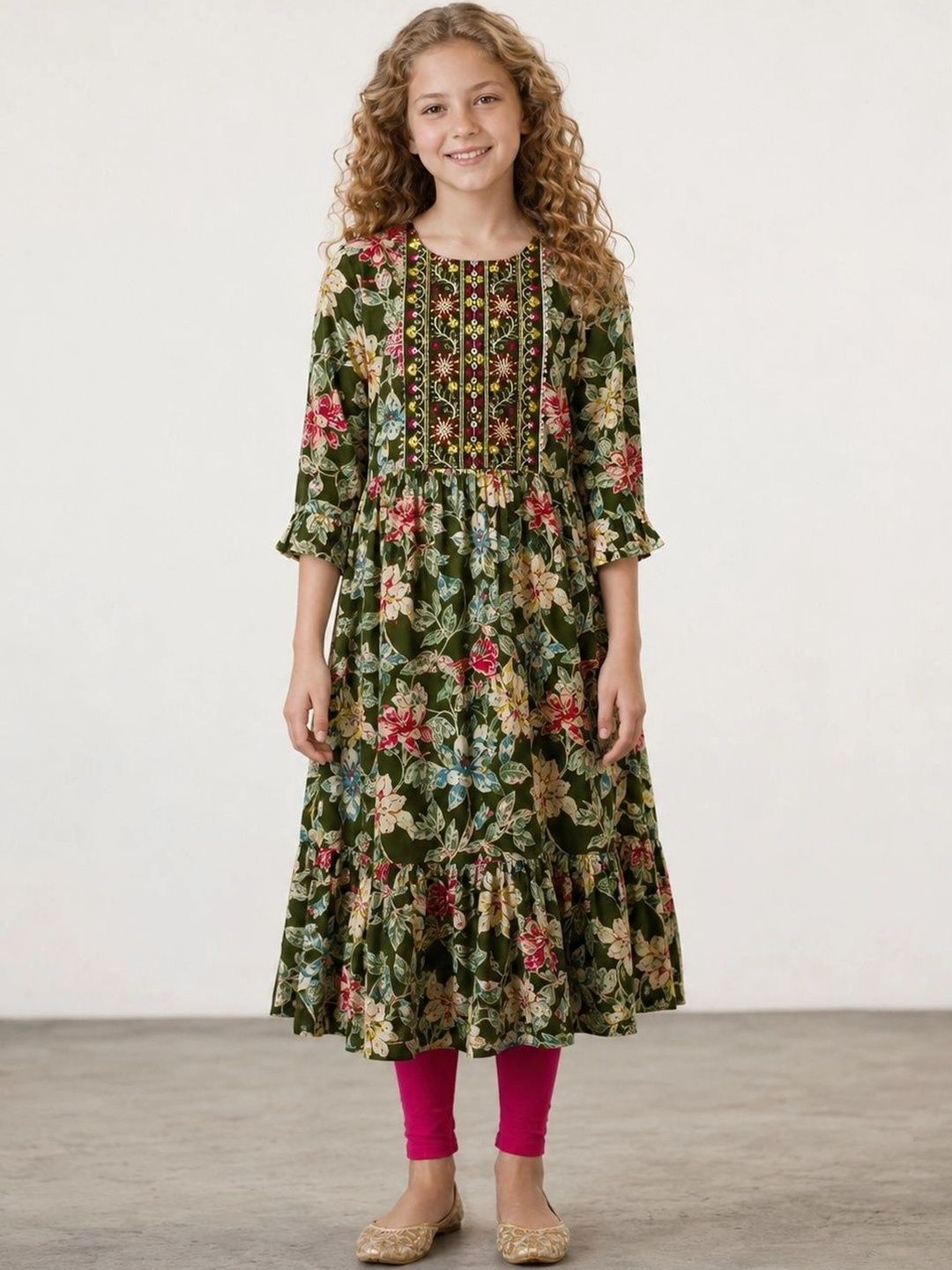 Muhuratam Girls Floral Printed Flared Sleeves Thread Work Floral Anarkali Kurta-picture-37