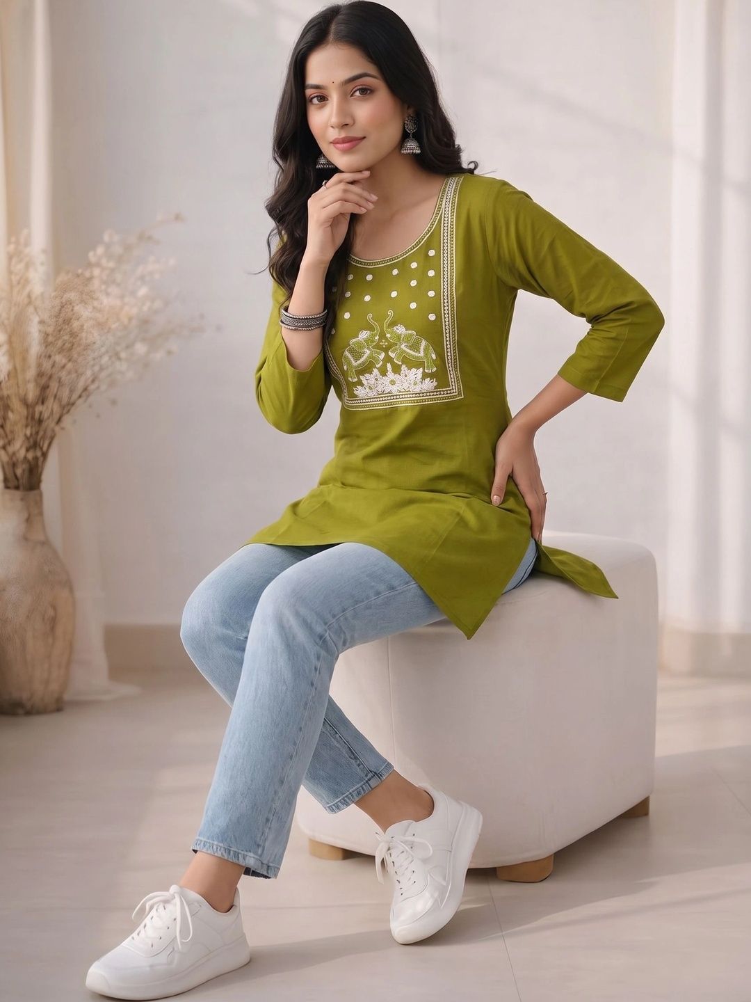 HOUSE OF AXI Ethnic Motifs Embroidered Pure Cotton Kurti-picture-15