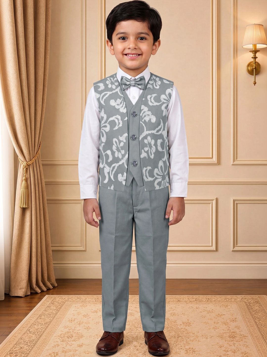 Dripteen Boys Self Design Collarless 3 Piece Waistcoat & Trousers Suits-picture-14