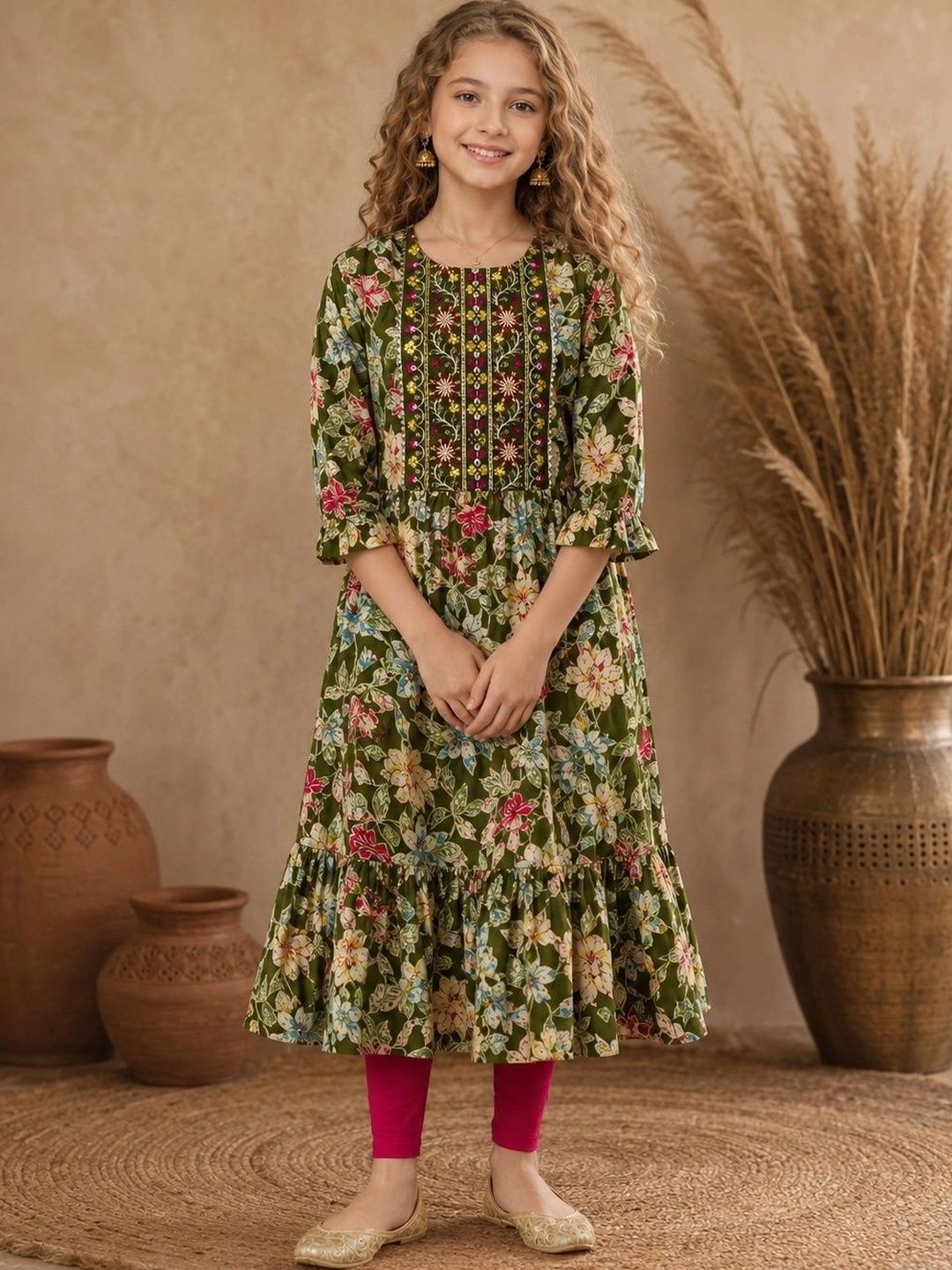 BAESD Girls Floral Printed Flared Sleeves Thread Work Floral Anarkali Kurta-picture-55