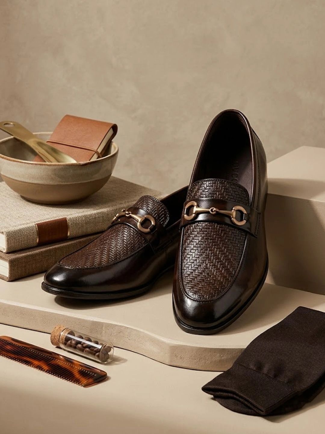 House of Pataudi Men Textured Round Toe Formal Slip-On Loafers-picture-35