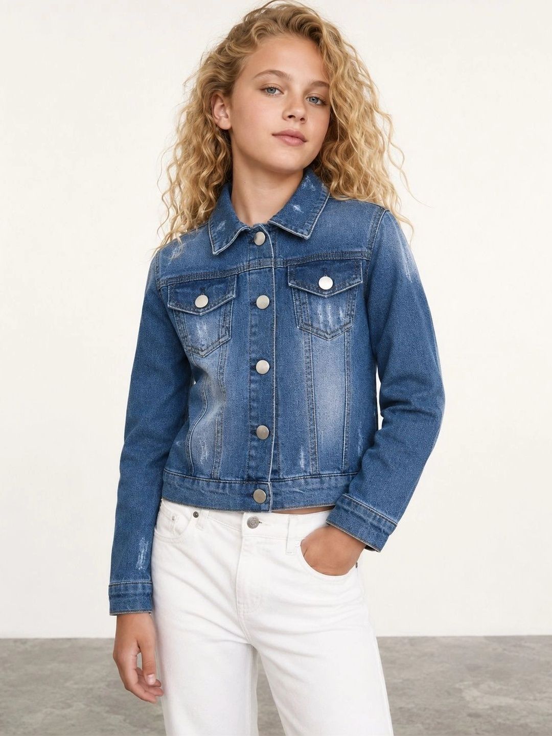Muhuratam Girls Washed Denim Jacket-image-39