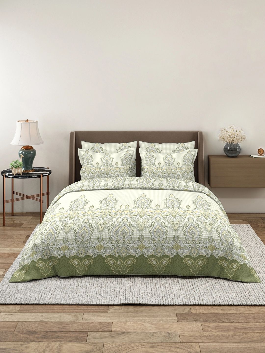 Quirky Home Olive Green & White Floral 180 TC King Bedsheet with 2 Pillow Covers-image-33
