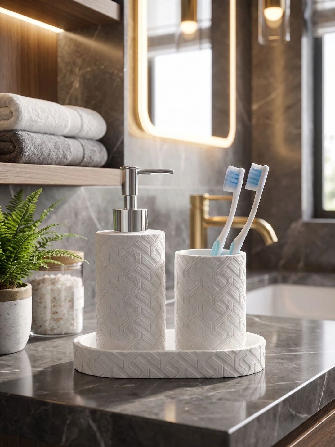 Pano Off White 3 piece Geometric Polyresin Bath Accessories Set-picture-33