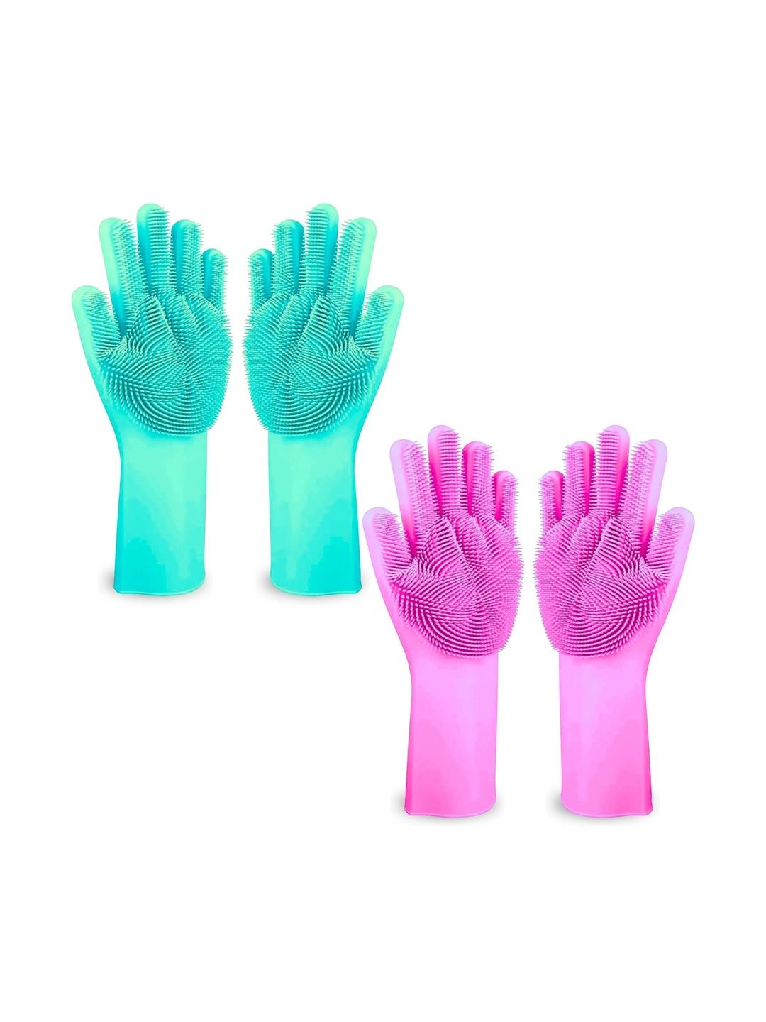 TICK MARK 2-Pcs Green & Pink Silicone Reusable & Waterproof Kitchen Gloves-picture-14