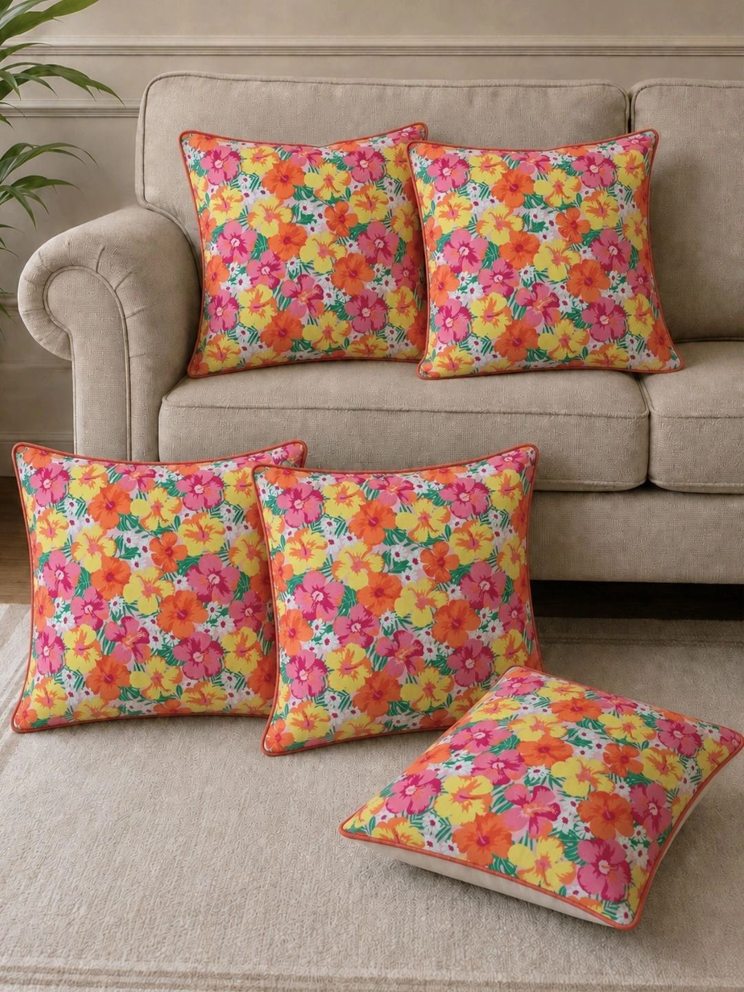 Aura Multicoloured Set of 5 Floral Square Cushion Covers-picture-18
