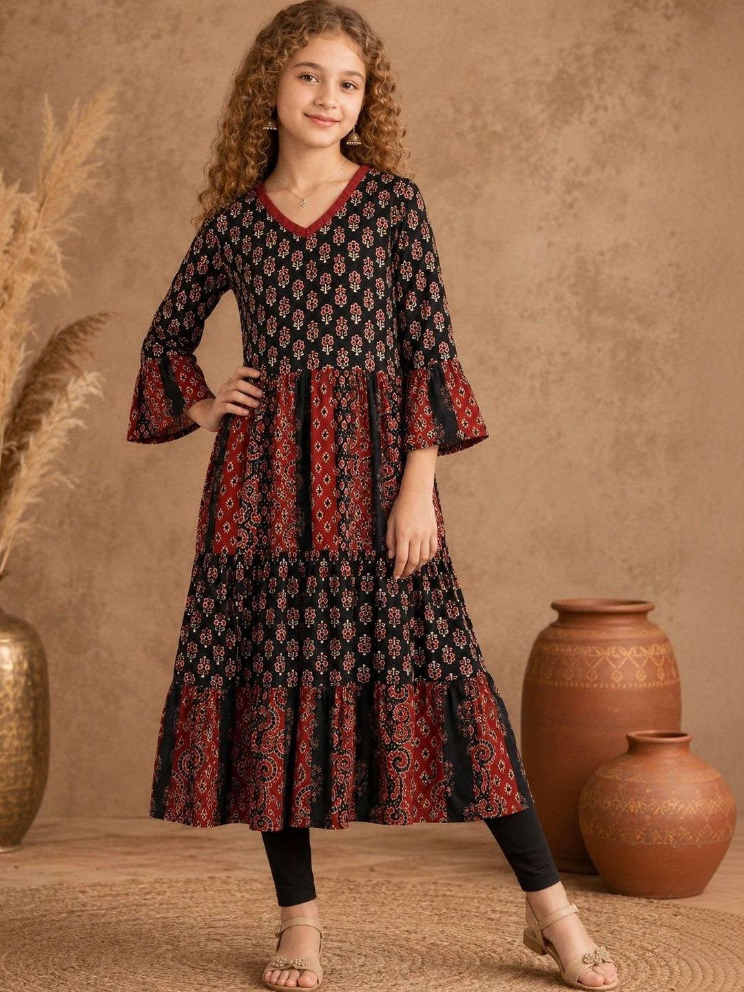 BAESD Girls Ethnic Motifs Printed Flared Sleeves Block Print Anarkali Kurta-picture-52