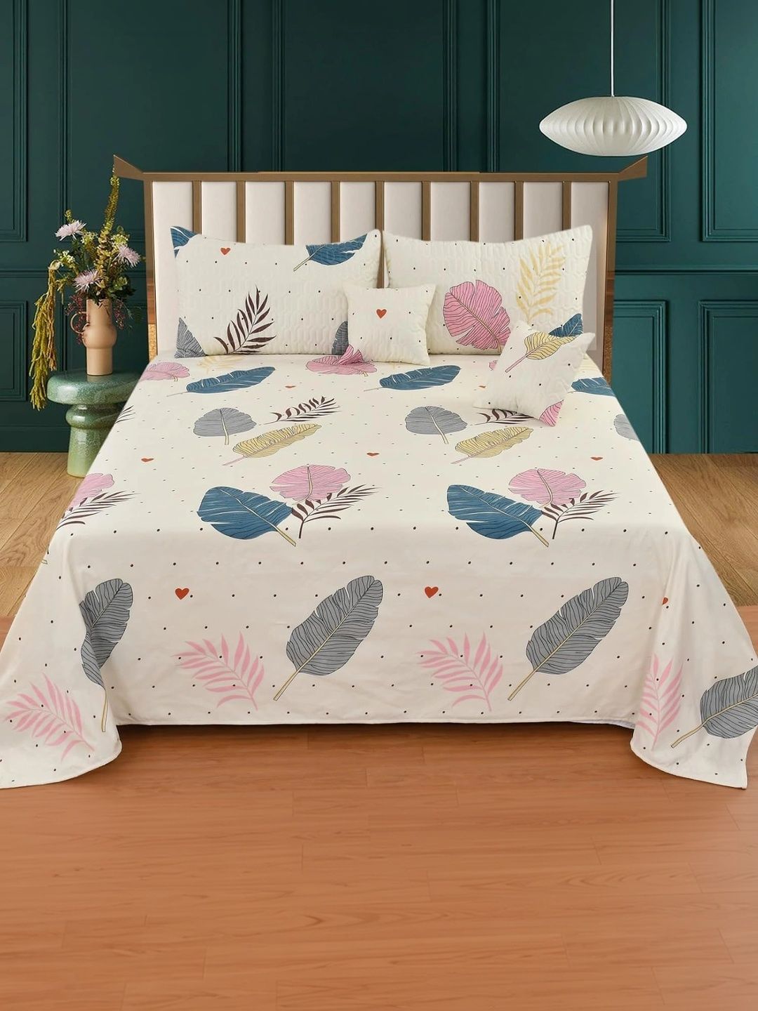 Dizen star Cream-Coloured & Blue Floral Cotton 5 Piece Double Queen Fine Bedding Set-picture-53