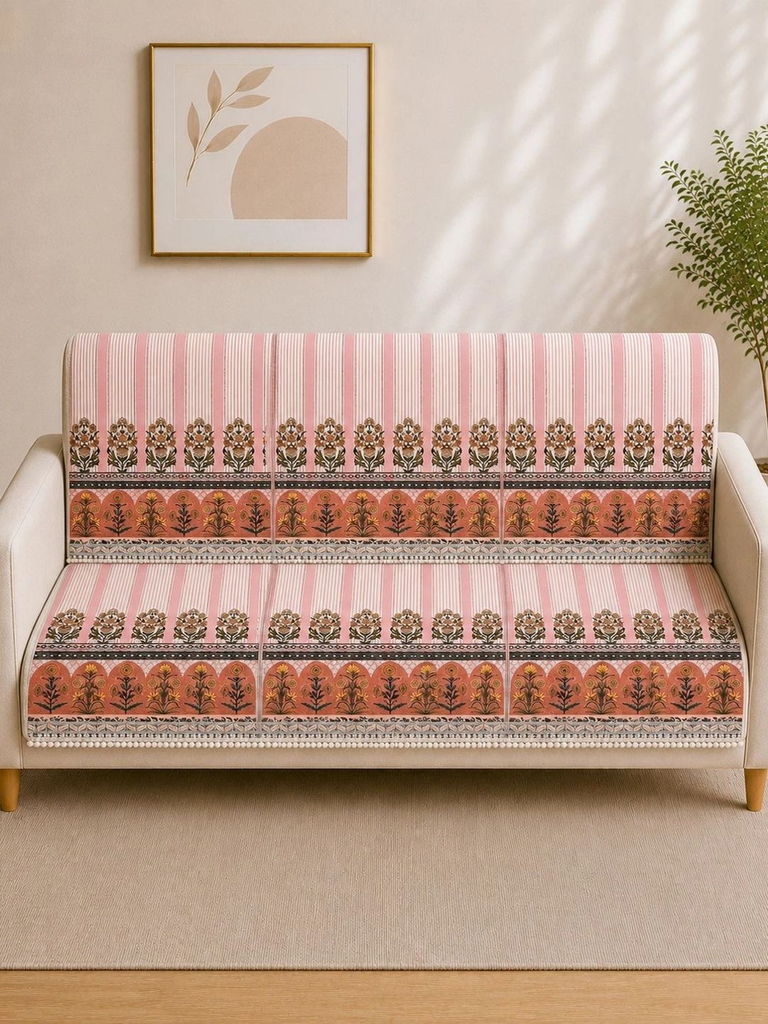 aura Myntra Elegant Homes Coral & Pink Printed 2 Piece Sofa Cover Without Arms-picture-49
