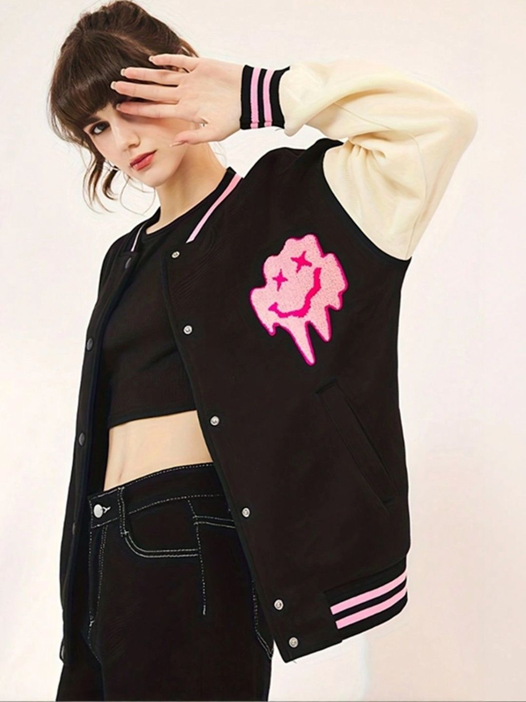 Blooming Tales Women Colourblocked Outdoor Varsity Jacket-image-45