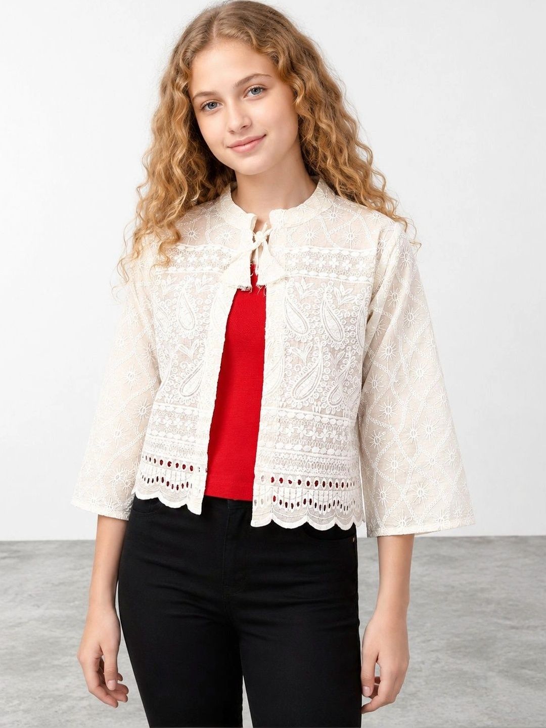 Muhuratam Girls Open Front Jacket with Embroidered-picture-50