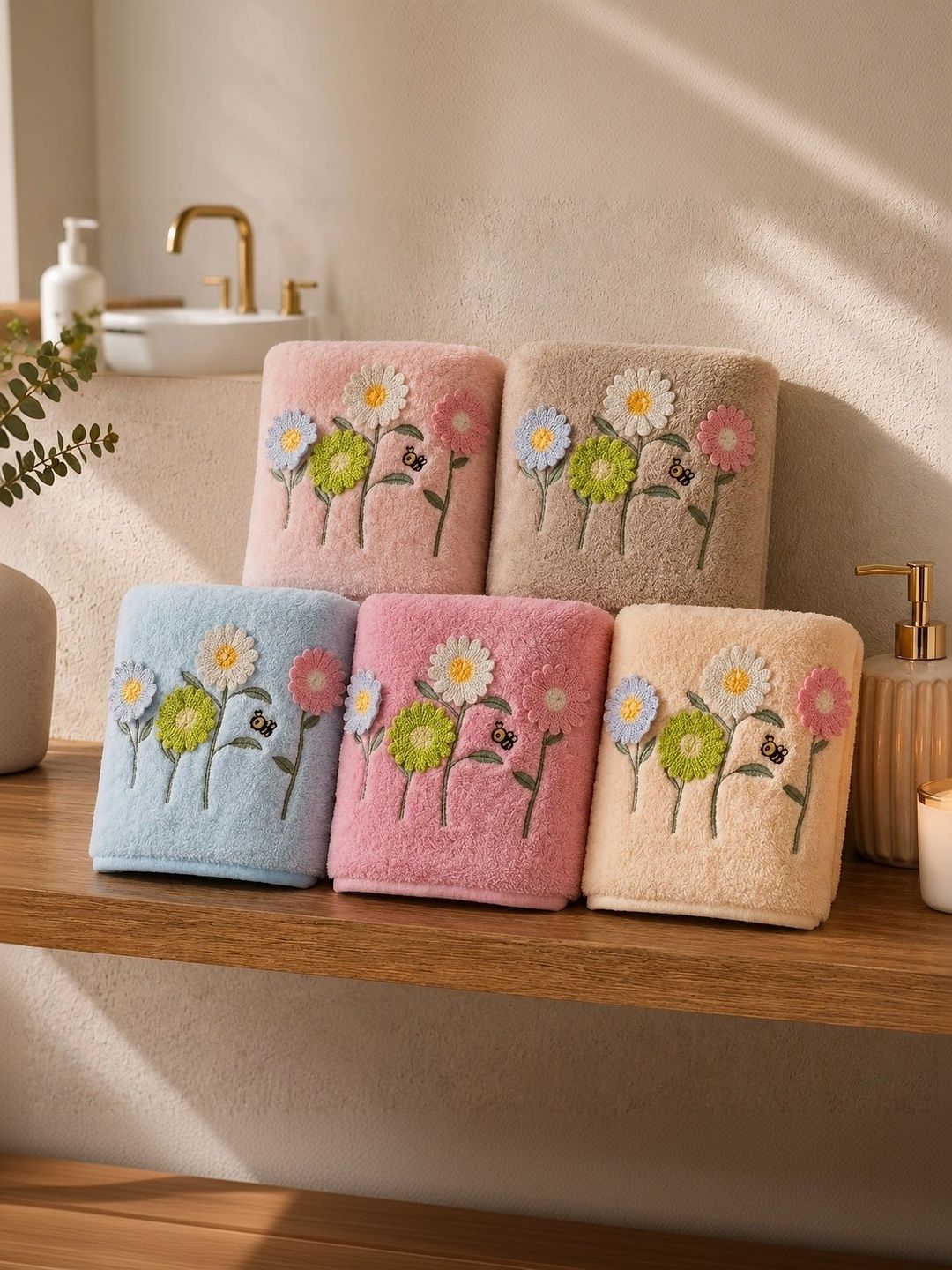DIVYAM - JOY OF COMFORT 5 Pieces Blue & Pink Printed Hand Towels-image-11