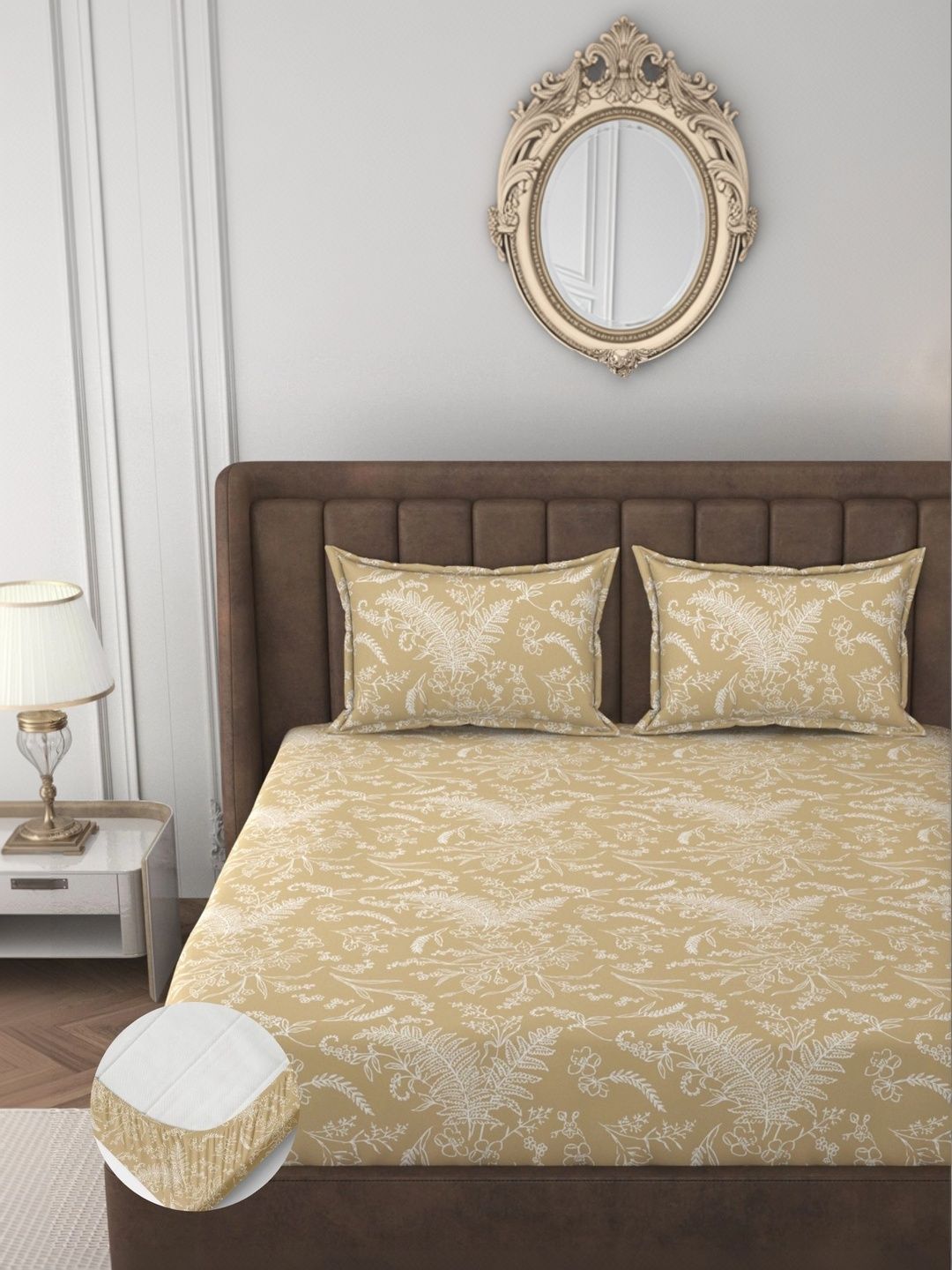 Apala Gold-Toned Floral Bedsheet with 2 Pillow Covers-image-32