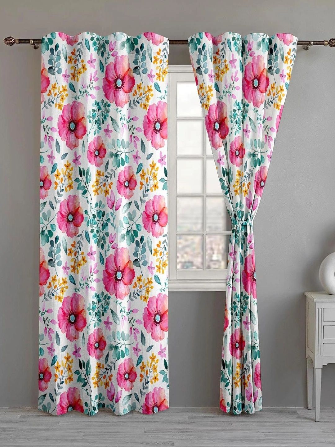 CURTAINRY 1Pc Pink Floral Poly-Cotton Eyelet Fitting Room Darkening Window Curtain-image-17