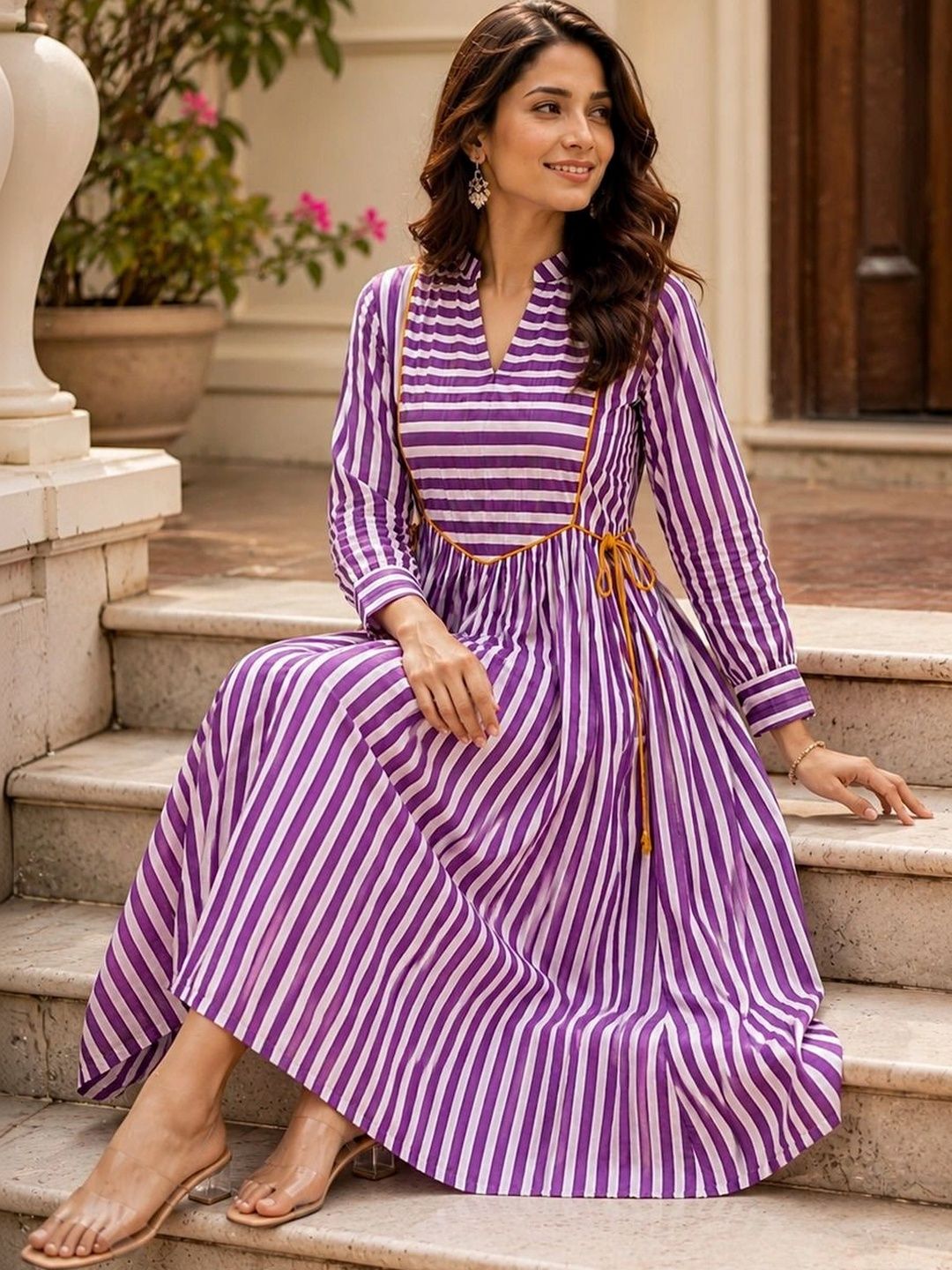 Crazy Needle Striped A-Line Maxi Dress-image-20