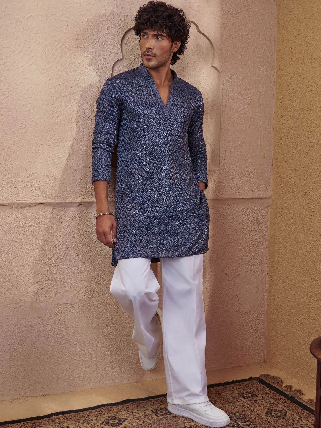 VASTRAMAY Men Ethnic Motifs Regular Sequinned Kurta with Palazzos-picture-28