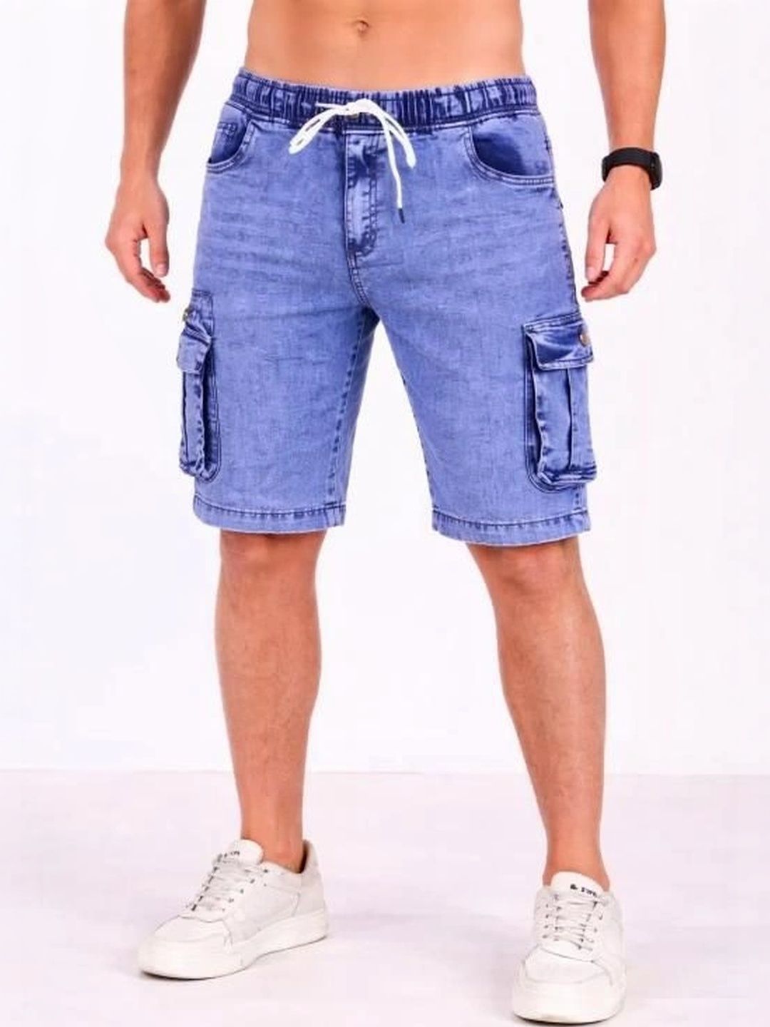 Eshop Men Washed Skinny Fit Low-Rise Denim Cargo Shorts Technology-picture-12
