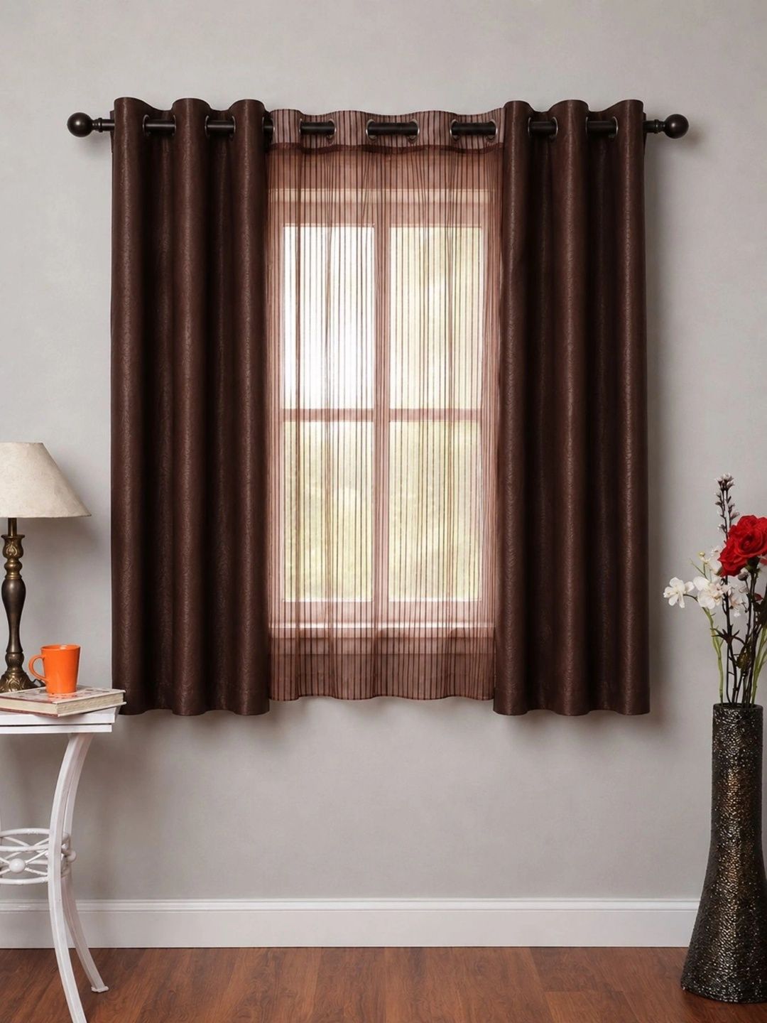 Aura Coffee Brown Set of 3 Sheer Window Curtain-image-25