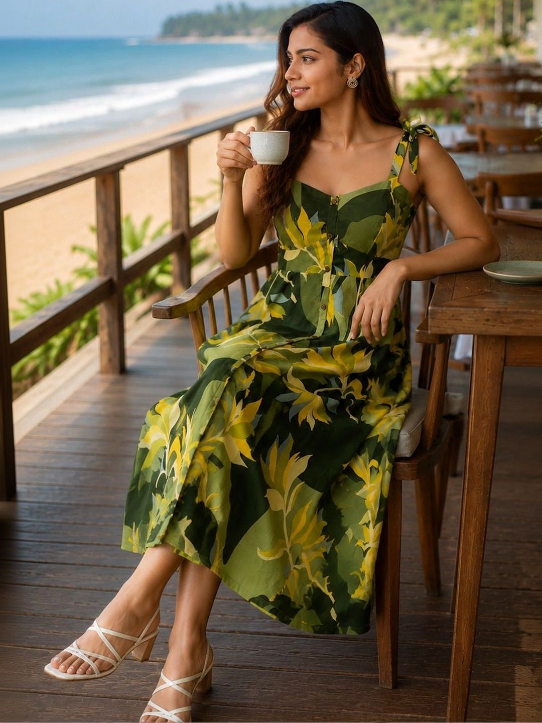 Crazy Needle Tropical Print A-Line Midi Dress-image-19