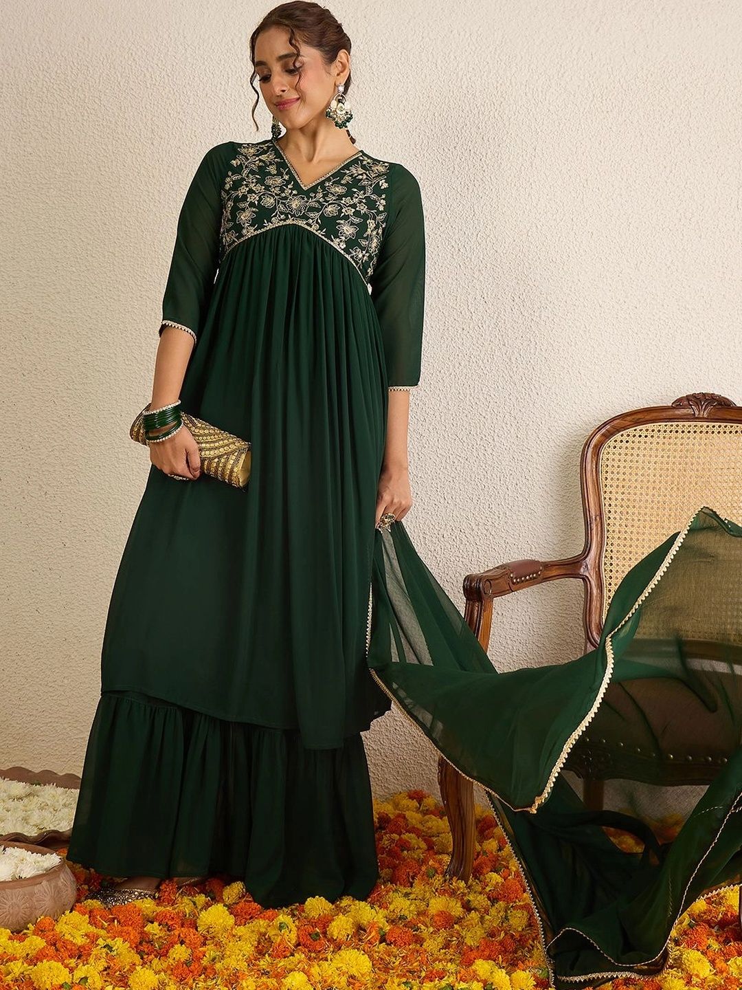 Janasya Women Ethnic Motifs Embroidered Tiered Sequinned Kurta with Trousers & With Dupatta-picture-17