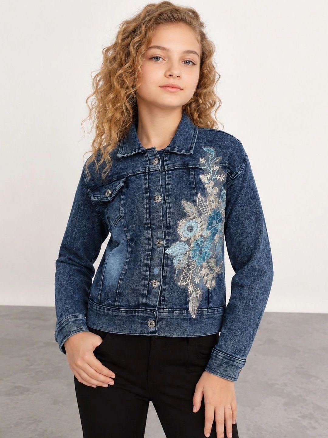 Muhuratam Girls Floral Denim Jacket with Embroidered-picture-57