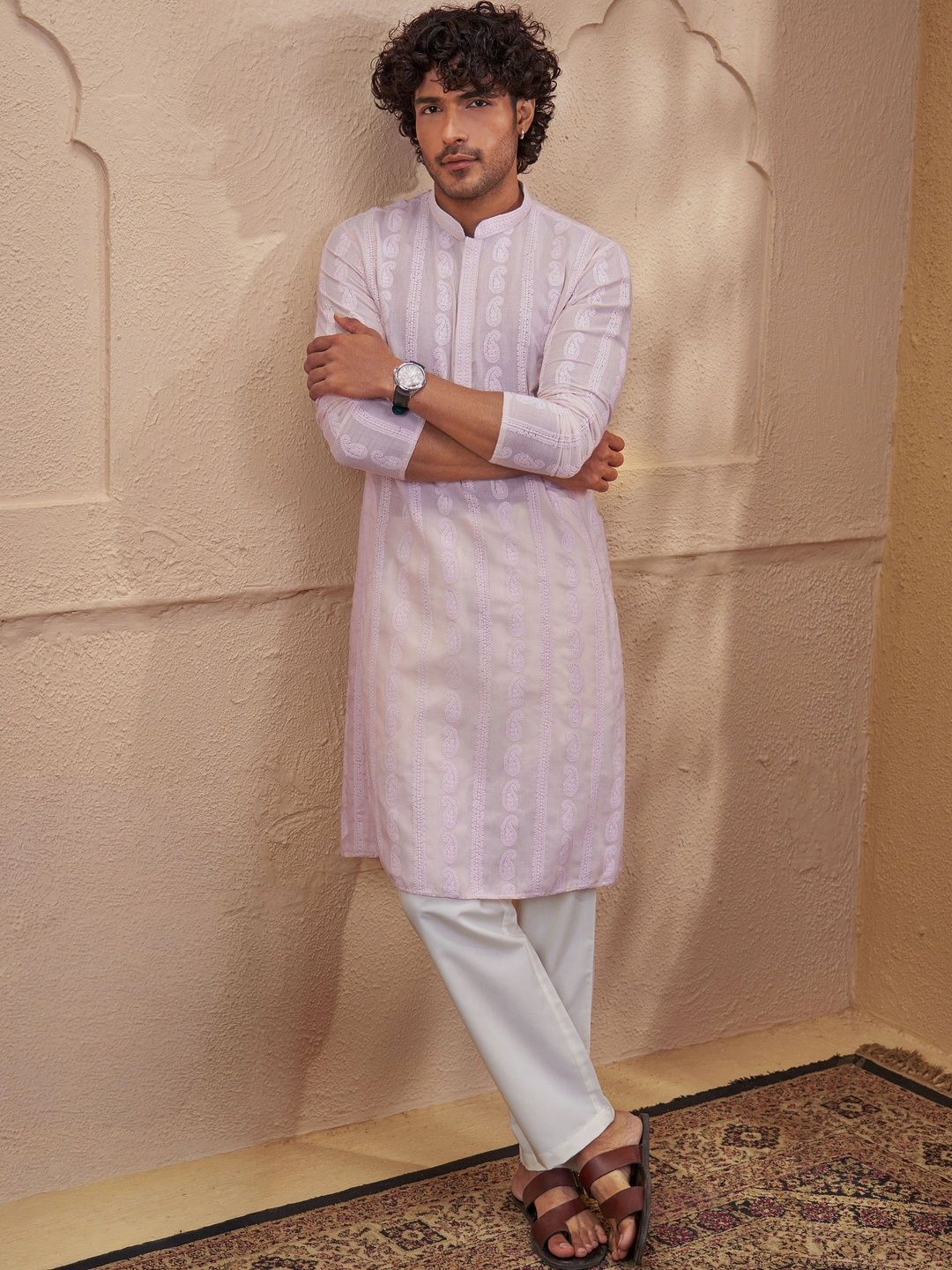 VASTRAMAY Men Ethnic Motifs Embroidered Regular Thread Work Pure Cotton Kurta with Pyjamas-picture-14