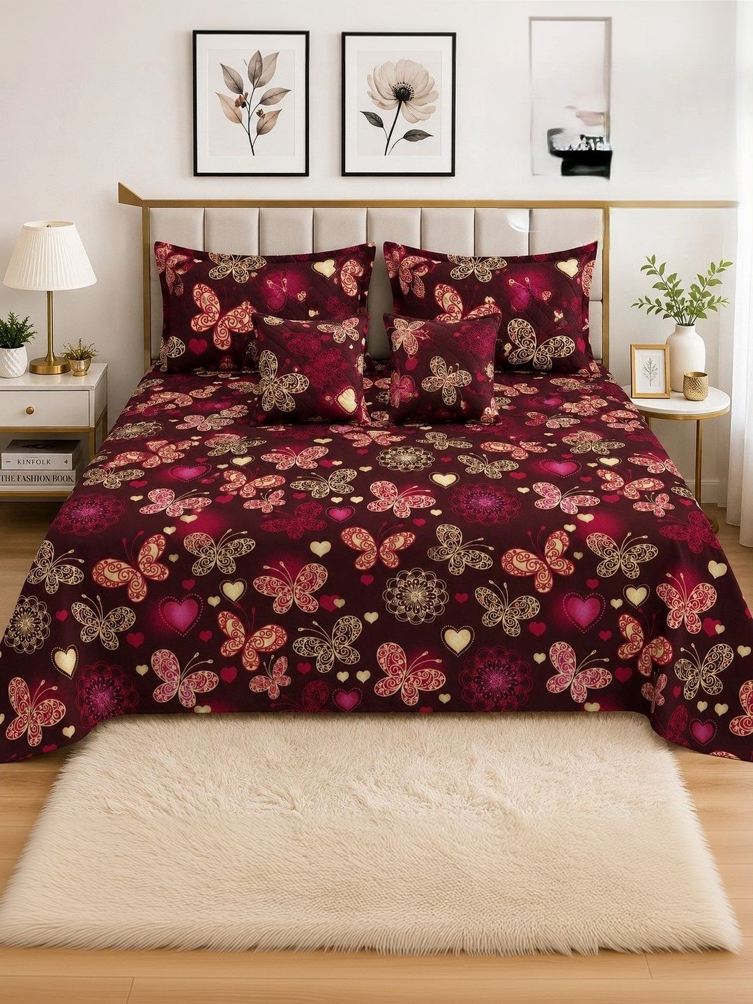 Dizen star Maroon & Pink Floral Cotton 5 Piece Double Queen Fine Bedding Set-image-2