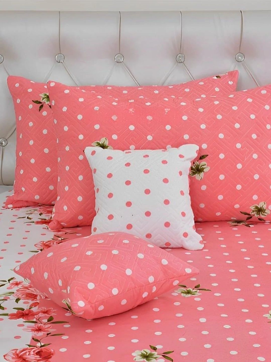 Dizen star Pink & White Floral Cotton 5 Piece Double Queen Fine Bedding Set-image-5