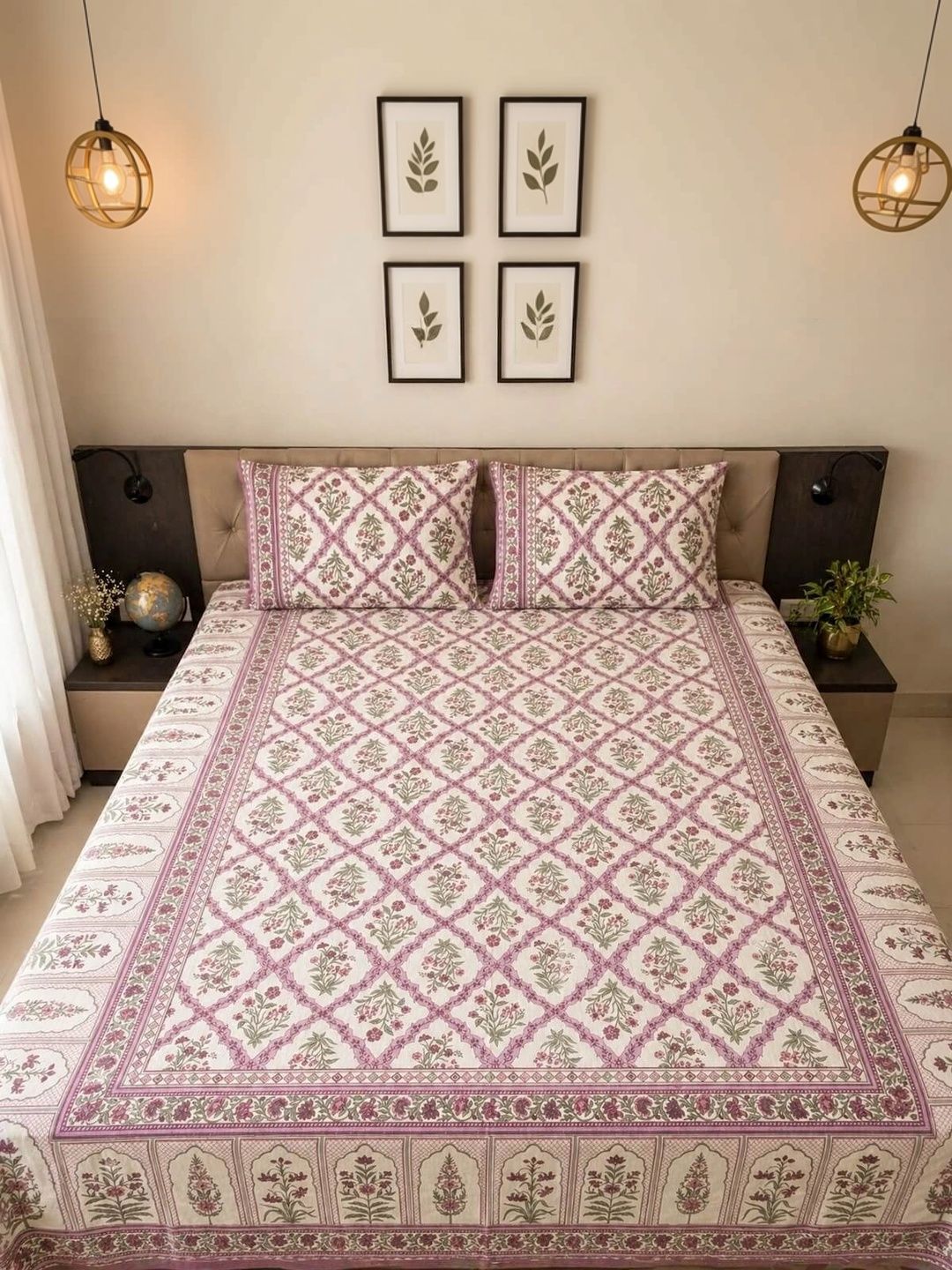 M'Weaves Purple & Green Floral 200 TC King Bedsheet with Pillow Covers-image-44