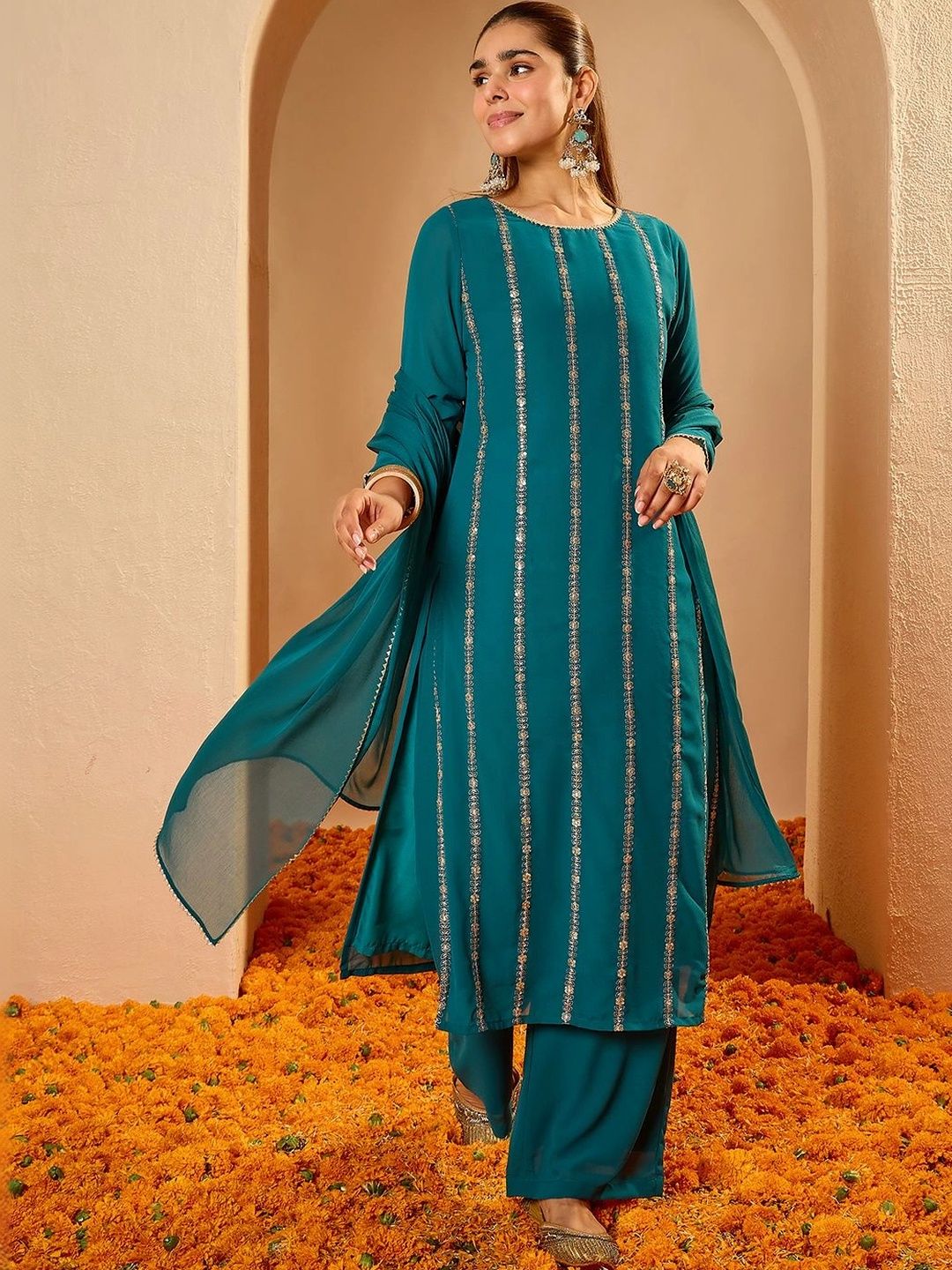 Janasya Women Ethnic Motifs Embroidered Regular Kurta with Palazzos & With Dupatta-picture-49
