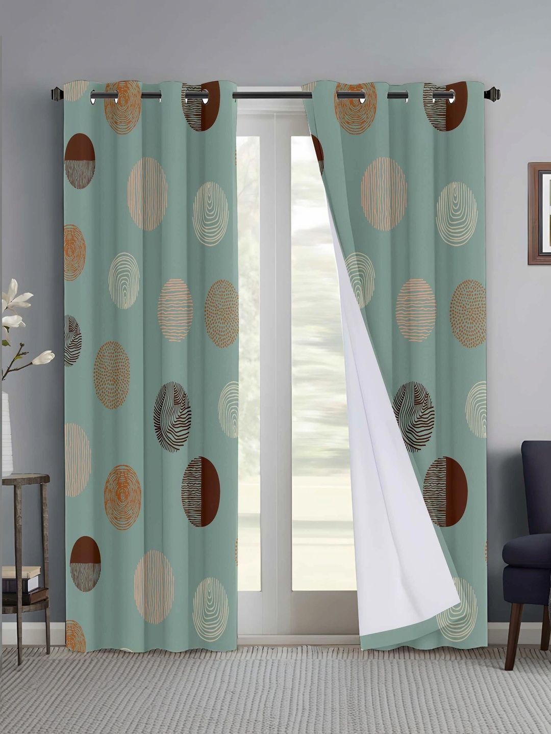 CURTAINRY Green Geometric Poly-Cotton Room Darkening 7ft Window Curtain-image-4