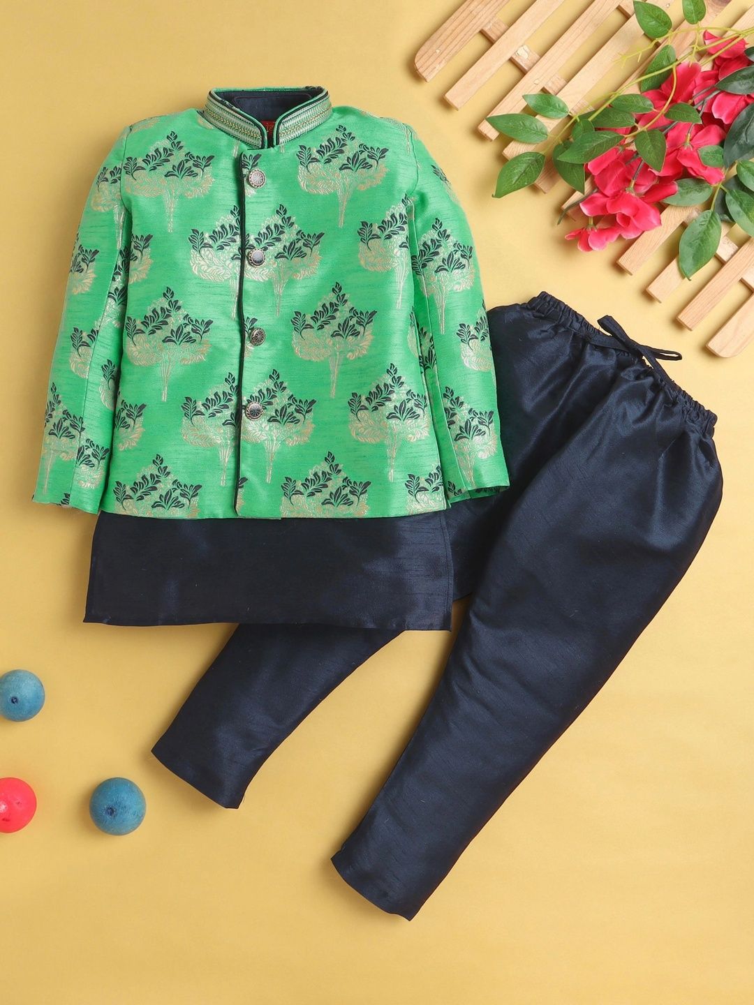 Sparklepop Boys Printed Mandarin Collar Sherwani Set-picture-31