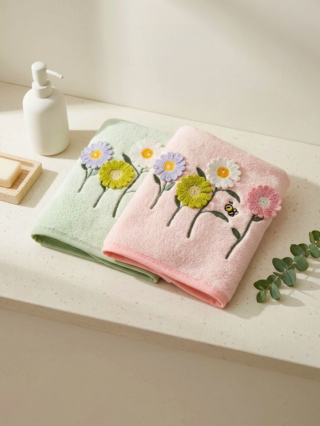 DIVYAM - JOY OF COMFORT 2 Pieces Green & Pink Printed Hand Towels-image-4
