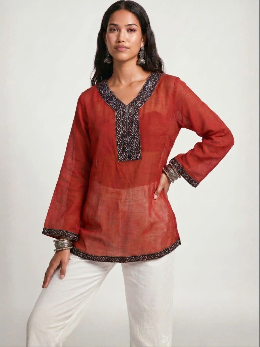 NISHORAMA Ethnic Motifs Embroidered V-Neck Pure Cotton Kurti-picture-36