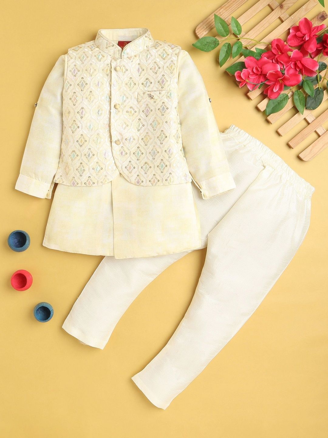 Sparklepop Boys Printed Mandarin Collar Sherwani Set-picture-30