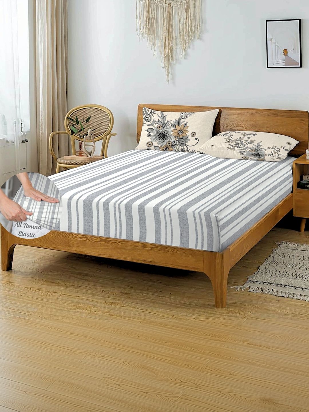 Apala Grey & Cream-Coloured Striped Bedsheet with 2 Pillow Covers-image-43