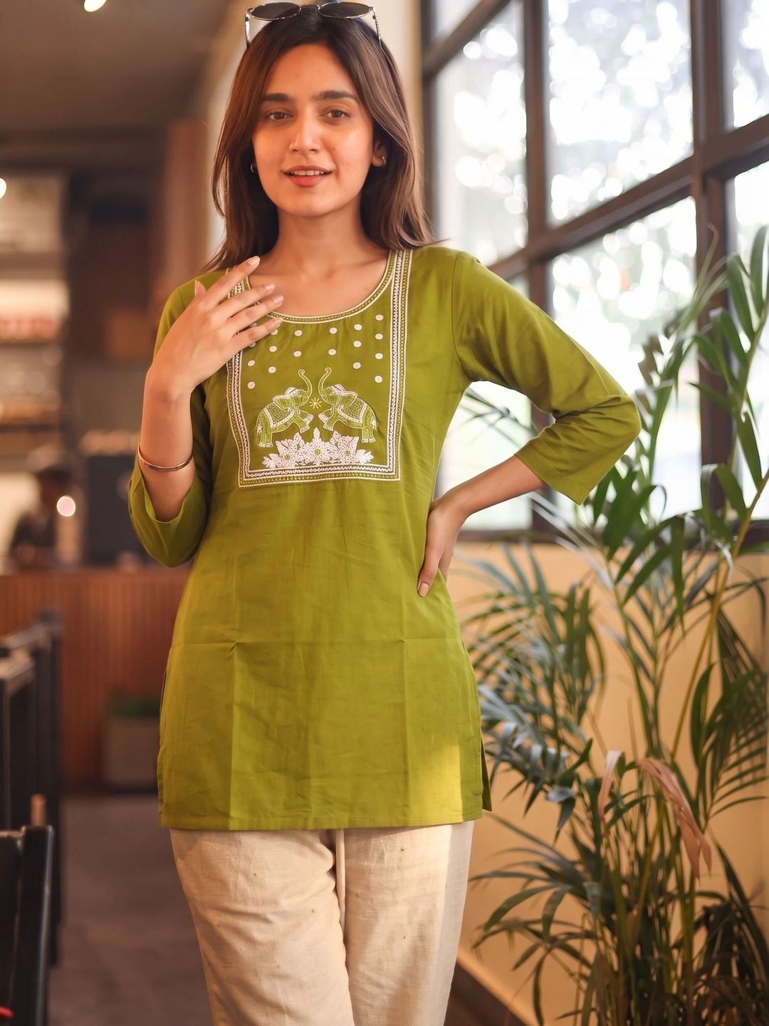 HOUSE OF AXI Ethnic Motifs Embroidered Thread Work Pure Cotton Thread Work Kurti-picture-15