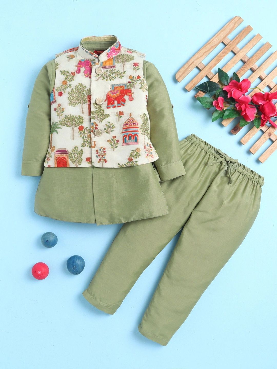 Sparklepop Boys Printed Mandarin Collar Sherwani Set-picture-41