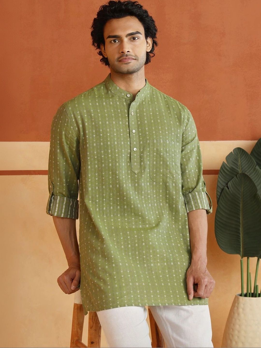 Fabindia Men Abstract Printed Mandarin Collar Cotton Kurta-picture-32