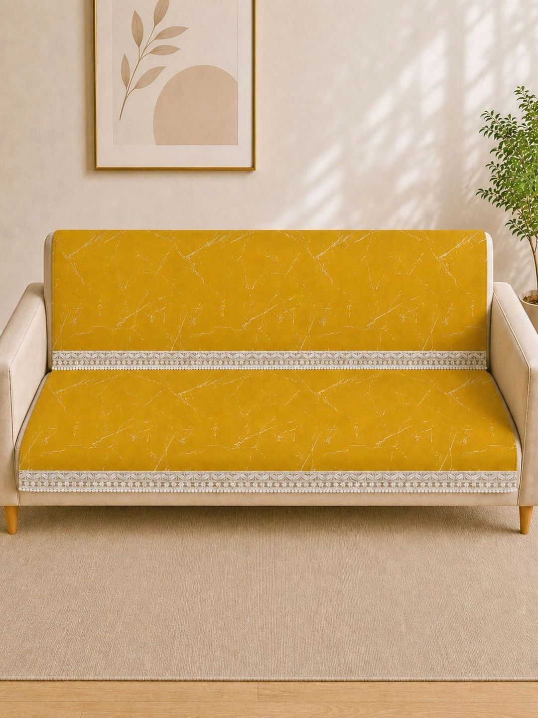 The Home Story Mustard & Gold-Toned Printed 2 Piece Sofa Cover Without Arms-picture-49