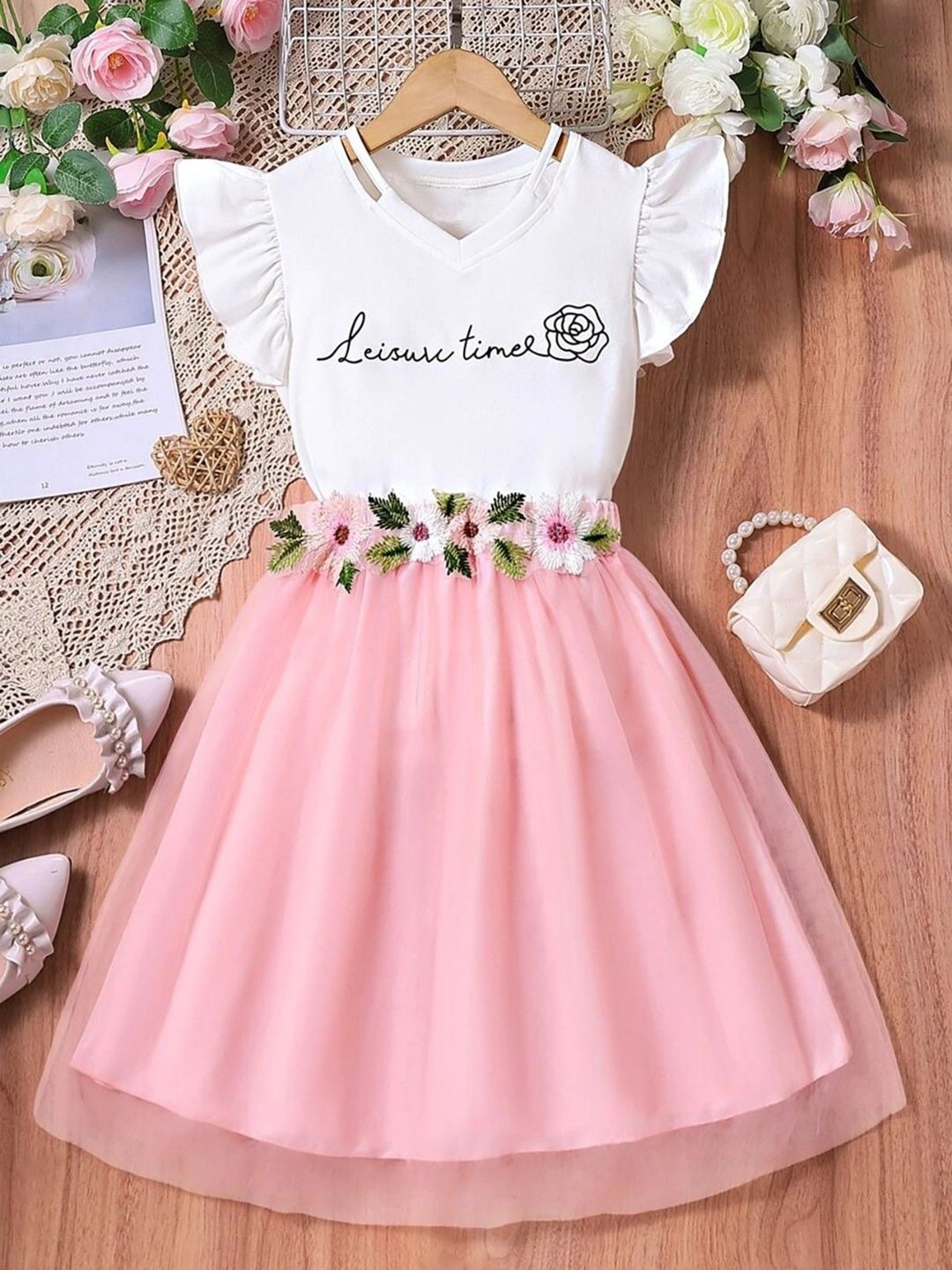 STYLE CONNECT Girls Typographic Flutter Sleeve Fit & Flare Dress-image-28