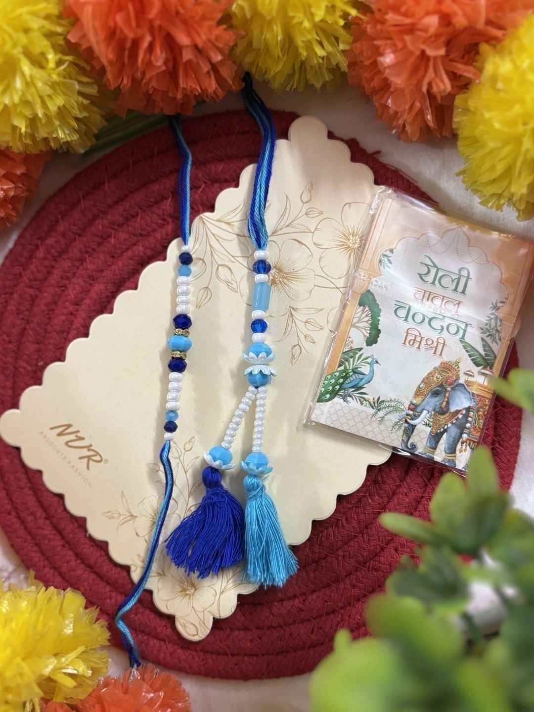 SZN Set Of 2 Traditional Bhaiya Bhabhi Rakhi With Roli Chawal Chandan Mishri-picture-41