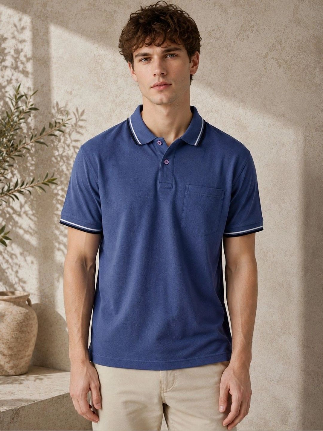 Here&Now Men Blue Short Sleeve Polo Cotton T-Shirt With Pocket-Contrast Tipped Collar Top-picture-35