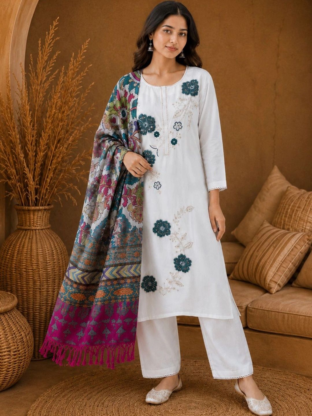 Anouk Rustic Women Floral Embroidered Regular Thread Work Kurta with Palazzos & With Dupatta-picture-35