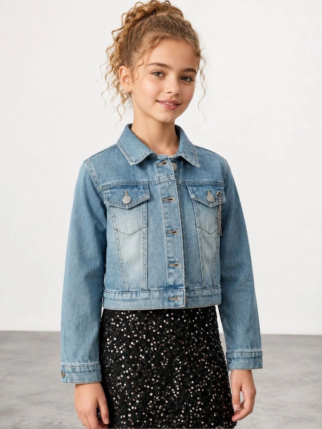 Muhuratam Girls Crop Denim Jacket-image-16