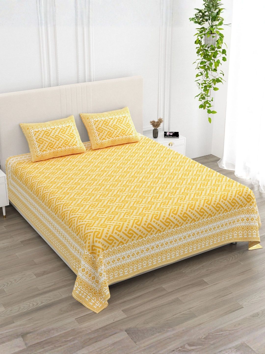 LIVING ROOTS Yellow Geometric 144 TC Bedsheet with 2 Pillow Covers-image-45
